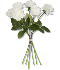 17-Inch White Real Touch Full Bloom Rose Stems with Foliage Bundle (6 Stems)
