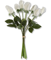 17.5-Inch White Real Touch Rose Bud with Foliage Bundle (9 Stems)