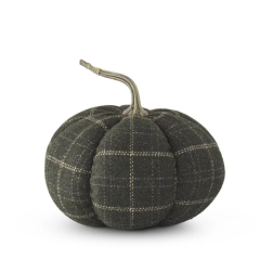 8 INCH GREEN & TAN PLAID FABRIC PUMPKIN